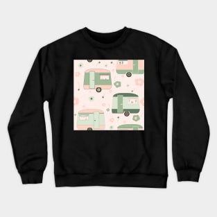 Repeat pattern of cute vintage caravans in pastel pinks and greens Crewneck Sweatshirt